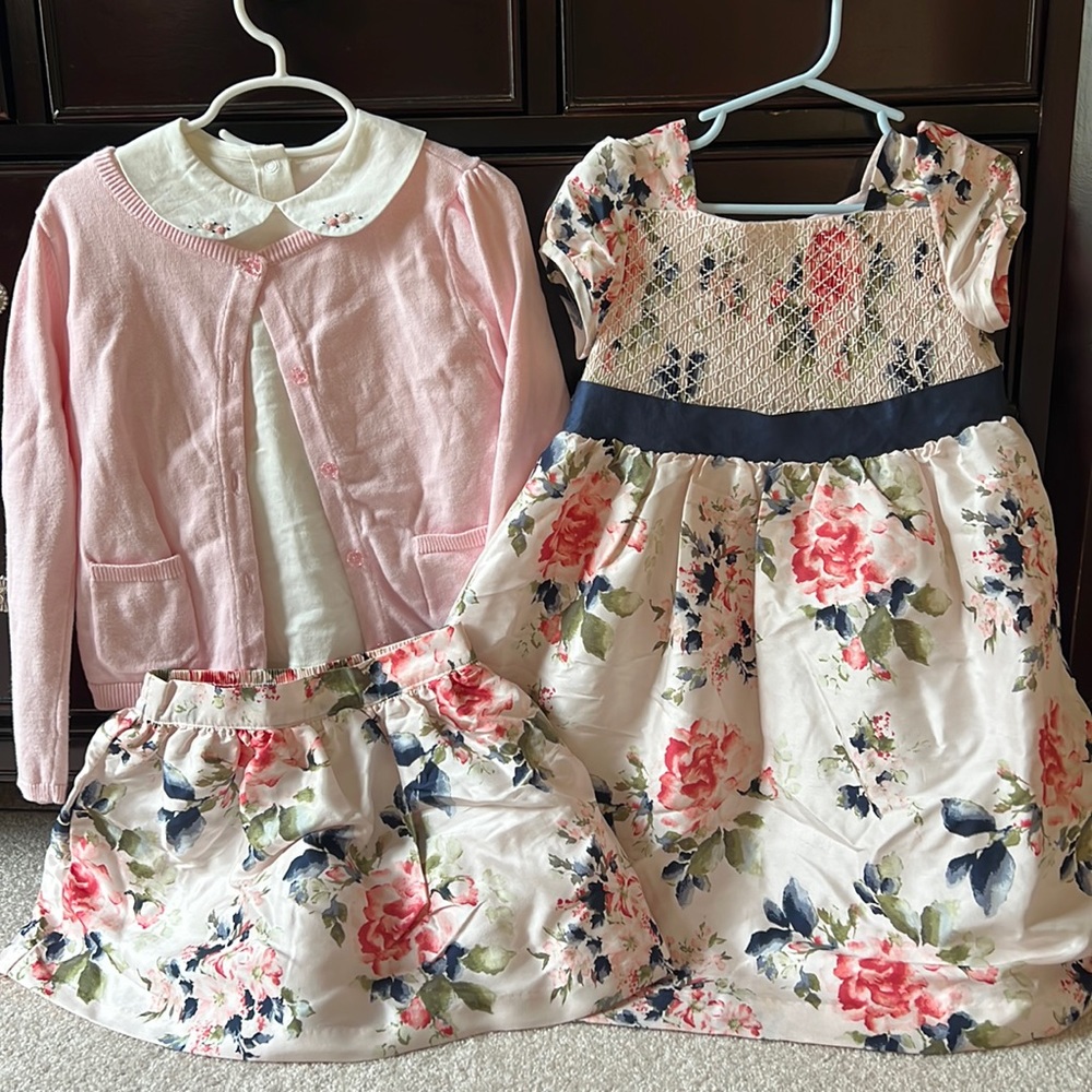 Jamie and Jack set. Dress and sweater, shirt and skirt silk set. 4t. Twins.